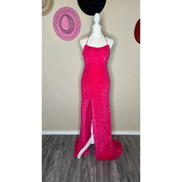 Women’s long open back sequin dress with slit - Picture 1 of 4